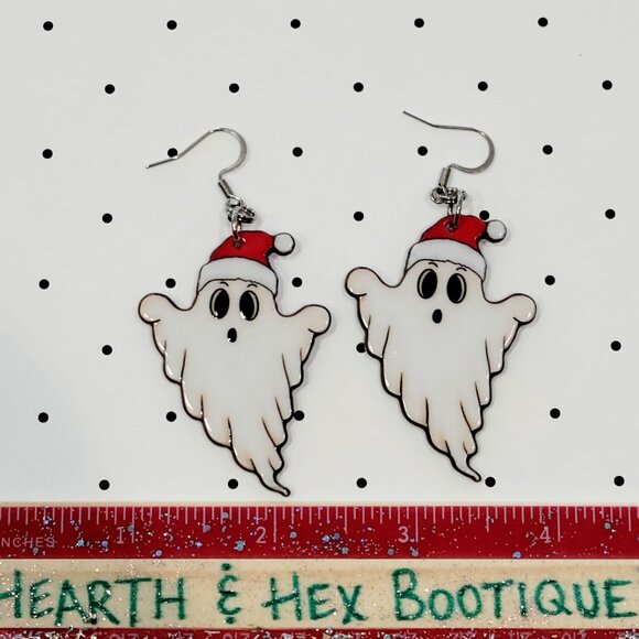 Santa Hat Ghost Earrings Stainless Steel Hooks Halloween On Christmas NEW - Picture 3 of 6